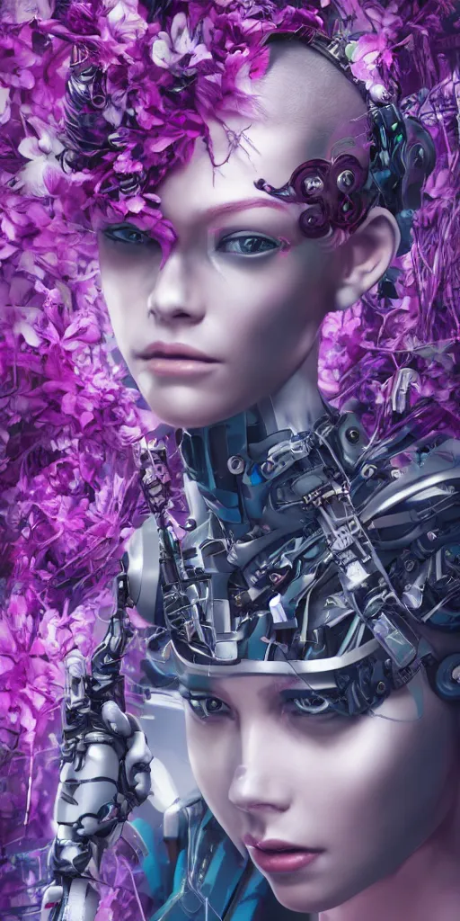 Prompt: Cyber punk 2077 robot girl, very beautiful portrait, Detroit game style, woman wrapped in flowers lily, photorealism