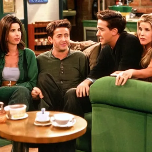 Image similar to still image from friends season 3 coffee shop green couch small cosy new york hd realistic