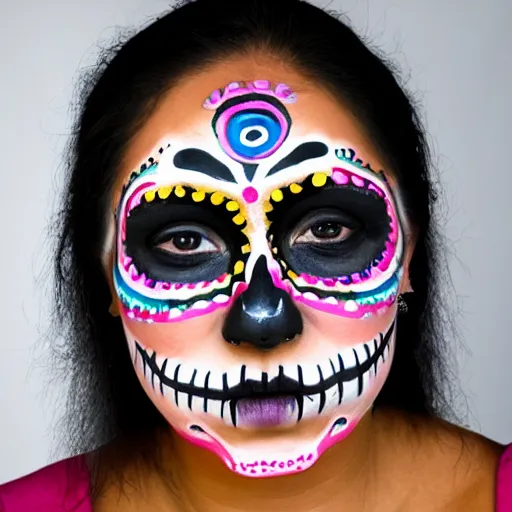 Image similar to an extreme close up photo of a Mexican woman, in her early 20s, wearing dios de Los muertos face paint