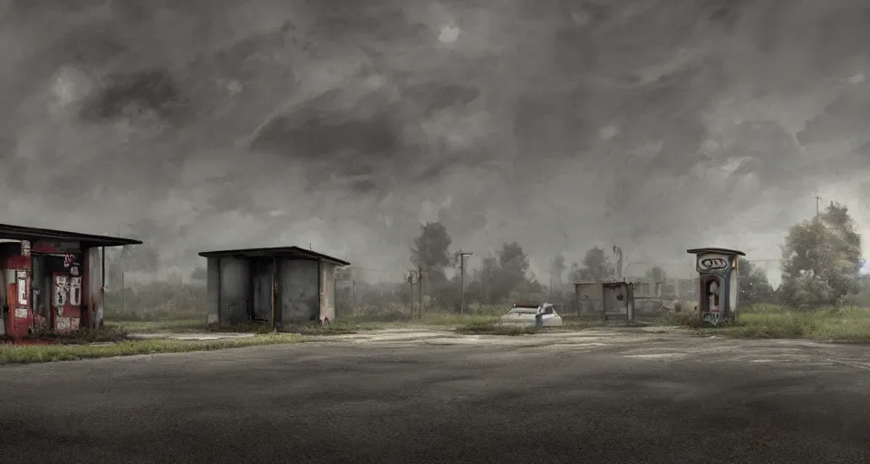 Image similar to Old abandoned gas stations on the side of the road to nowhere, evil, demonic, enchanting, misty, haze, cloudy, angelic, flowers, nature, environment concept, cinematic, cgsociety, dim and dark lighting, cinematic, intricate details, 8k detail post processing, hyperealistic, photo realism, by Edward Hopper