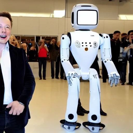 Image similar to elon musk standing and smiling in a headless robot costume. ai day