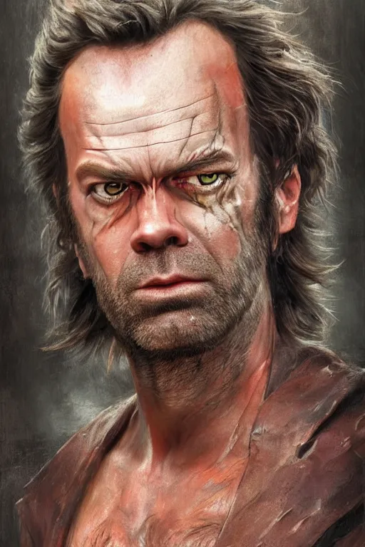 Prompt: a full body high detail fantasy portrait oil painting illustration of a Hugo Weaving as Wolverine by Justin Sweet with face and body clearly visible, in a scenic background, pupils visible, realistic proportions, artstation trending, high quality, sombre mood, artstation trending, muted colours, no crop, entire person visible!, natural light, dusty, Adobe Photoshop, Adobe Lightroom, photolab, Affinity Photo,