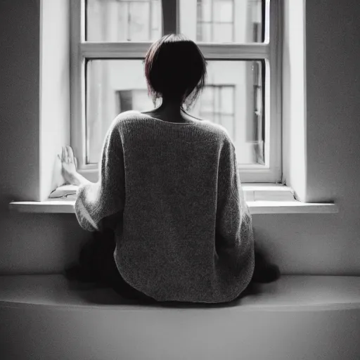 Image similar to a woman sitting on a window sill looking forward out the window, hands on cheeks, grey sweater, a stock photo by chen jiru, tumblr, aestheticism, movie still, pretty, pixiv