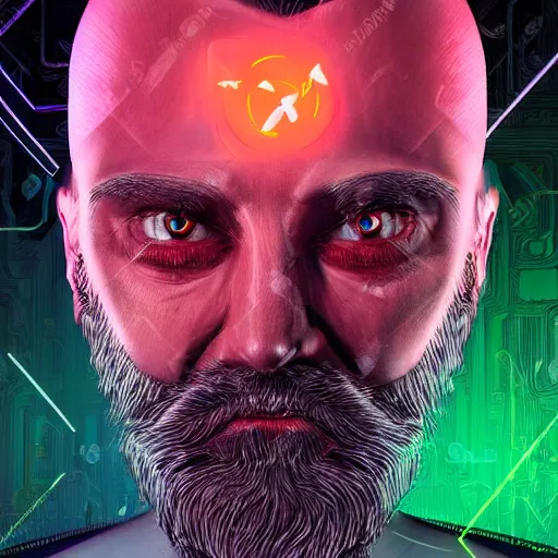 Image similar to hyperrealistic portrait cyberpunk man 4 0 old with large beard, red colored eyes, neon light, fantasy art, electronic face