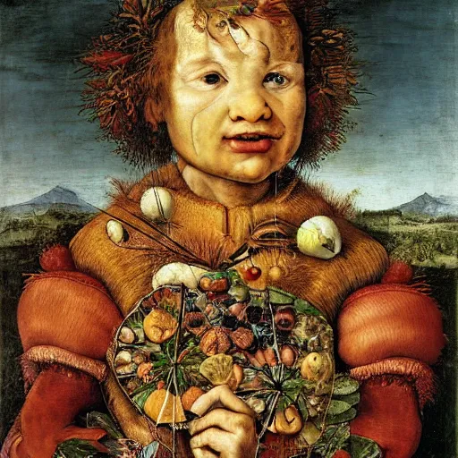 Image similar to a boy and his kite, by giuseppe arcimboldo, renaissance, portrait, fruit, detailed oil paint, high definition