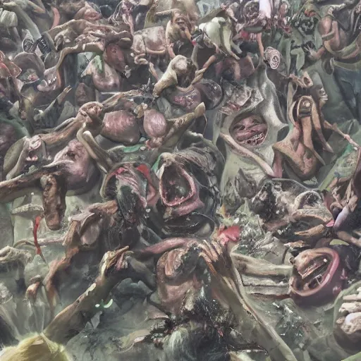 Image similar to abstract mosh pit, slam dancing creatures, circle pit demons, chaotic riot, violent zombie dance, violent protest, war photography, high detail, 4 k