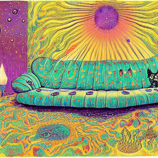 Image similar to psychedelic trippy couch pine forest planets milky way sofa cartoon by louis wain