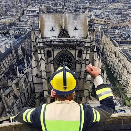 Image similar to “amogus from the game among us watching Notre dame burning down”