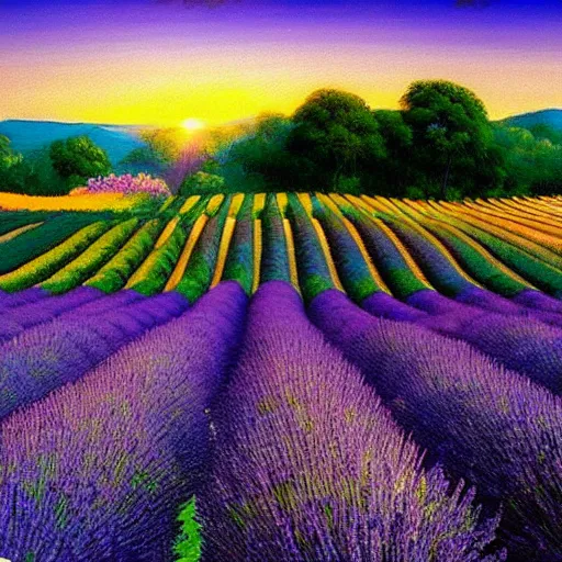 Prompt: Lavender Fields in full bloom, Leonardo da Vinci painting, sunrise, beautiful scene
