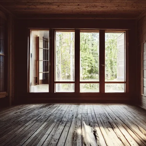 Prompt: interior of a swedish house, wooden floor, shadows