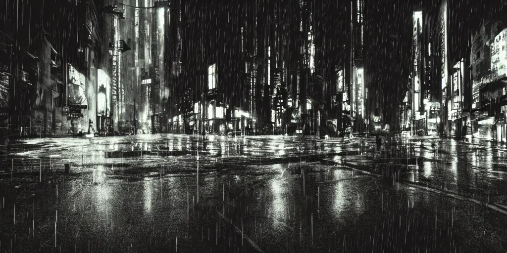 Image similar to a city street at night, raining, photograph, cyberpunk, sharp focus, intricate detail, Desolate, dystopian wasteland, drone shot,