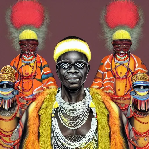 Image similar to highly detailed painting of the oba of benin surrounded by masquerades, fantasy, 8 k, realistic, symmetrical, digital illustration,