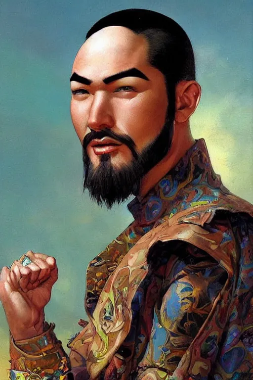 Image similar to beautiful gorgeous bald kazakh guy with a short beard, painted by tom lovell, alex malveda, greg staples