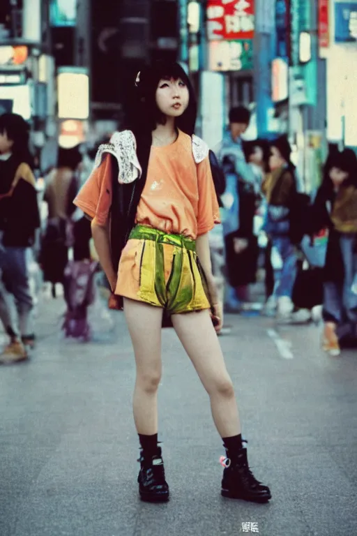 Prompt: a street fashion photograph of a young japanese woman in 9 0 s fashion, in tokyo akihabara, shot on cinestill 5 0 d with a canon 3 5 mm at f / 5. 6 lens, print magazine, photorealistic, nineties nostalgia, 4 k
