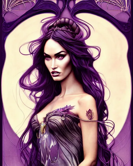 Image similar to new art nouveau portrait of fantasy goddess megan fox in the style of anna dittmann, patrick nagle, charlie bowater and loish. long windblown hair, very large, clear, expressive, and intelligent eyes. symmetrical, centered, ultrasharp focus, dramatic lighting, photorealistic digital matte painting, intricate ultra detailed background.
