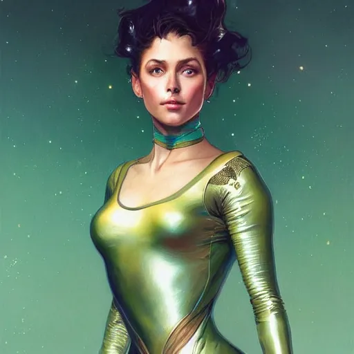 Prompt: Portrait of very very very very very very beautiful woman, spacesuit, green eyes, Amber skin, intricate, elegant, highly detailed, digital painting, artstation, concept art, smooth, sharp focus, illustration, art by artgerm and greg rutkowski and alphonse mucha