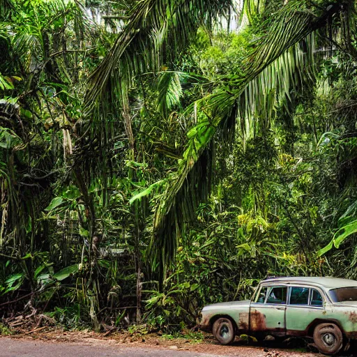 Prompt: An old Gas station in a dense jungle