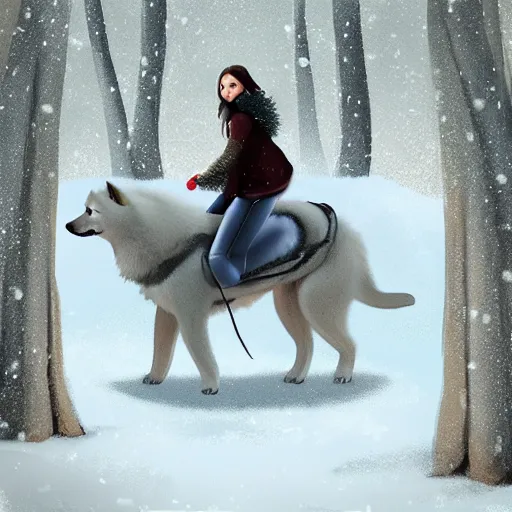 Image similar to girl riding on a giant husky in a snowy park, trending on art station