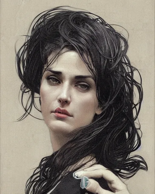 Image similar to portrait of a tall 4 0 - year - old woman with thin lips, long, lush black hair gathered on the head bun, and thick eyebrows, wearing in black clothes, aristocratic appearance, hyper realistic face, beautiful eyes, close up, fantasy art, in the style of greg rutkowski, intricate, alphonse mucha, hyper detailed, smooth