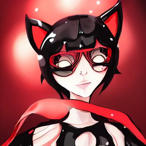 Image similar to little boy with cat ears in an black latex suit with red cape. digital artwork made by lois van baarle and kentaro miura, sharpness focus, anatomically correct