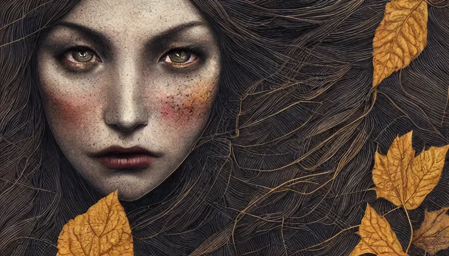 Image similar to dark colors, golden leaves at frame border, creative!!! composition for a book cover!!!, absurdly beautiful, ultrafine hyperrealistic detailed old!! witch face by wlop and artgerm and greg rutkowski, intricate linework, sharp focus, smooth, octopath traveler, final fantasy, unreal engine, dramatic lighting, ethereal, 8 k