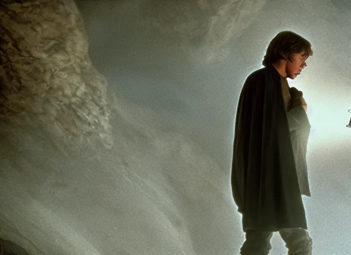 Image similar to detailed photo of Luke skywalker finding the ancient jedi texts in an strange hazy cave. 1985 film, Photographed with Leica Summilux-M 24 mm lens, ISO 100, f/8, Portra 400