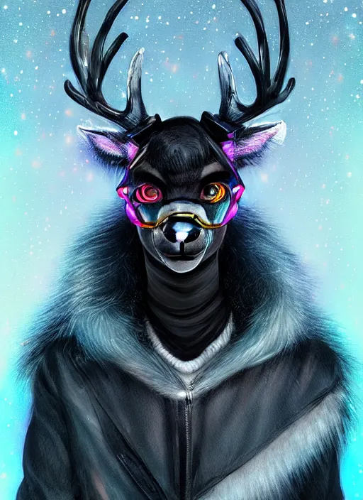 Image similar to award winning beautiful portrait commission of a male furry anthro Black Reindeer cyberpunk fursona with a tail, wings, wings, wings and a cute beautiful attractive detailed furry face wearing a crown, stylish black and rainbow galaxy clothes, outline, in a cyberpunk city at night while it rains. Character design by charlie bowater, ross tran, artgerm, and makoto shinkai, detailed, inked, western comic book art