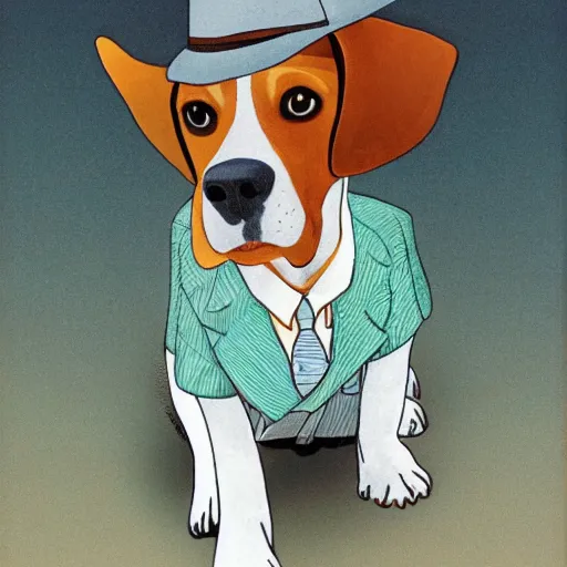 Image similar to a beagle wearing a business suit and fedora, by moebius