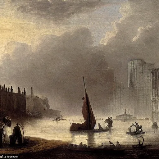 Image similar to charon on one end of a reaper boat and a london banker sitting on the other end on the river styxx with submerged buildings in the backround