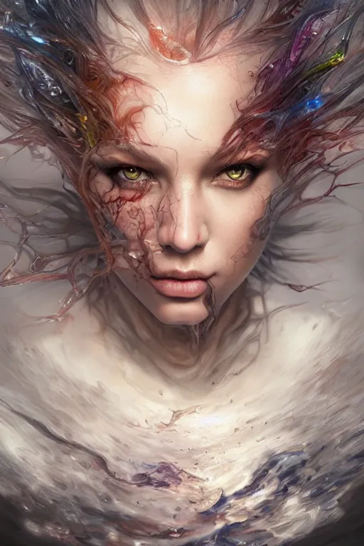 Image similar to liquid metamorphosis, d & d, fantasy, portrait, realistic textures from photos, chromatic aberration, hyper realistic, highly detailed, headshot, digital painting, trending on artstation, concept art, sharp focus, illustration, art by artgerm and greg rutkowski and ayami kojima