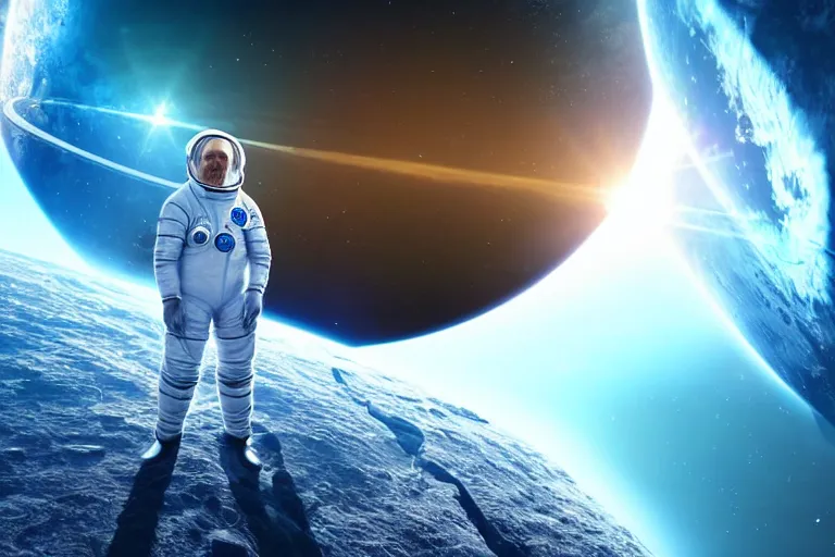 Image similar to still fullbody photo of sad albert einstein in spacesuit in space, flying island at background, flat earth on elephants and turtle at background, highly detailed, photorealistic shot, bright studio setting, studio lighting, crisp quality and light reflections, unreal engine 5 quality render