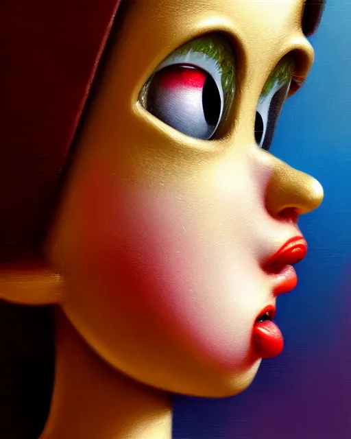Image similar to closeup face profile portrait of a tin toy bikini girl, hyper realistic, artstation, illustration, nicoletta ceccoli, mark ryden, lostfish, max fleischer, digital paint, matte paint, vivid colors, dark, sinister, detailed and intricate environment