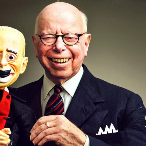 Image similar to UHD candid color photo of Klaus Schwab in Nazi uniform holding a Joe Biden ventriloquist dummy, accurate faces, UHD, photorealistic, correct face, photo by Annie Leibowitz