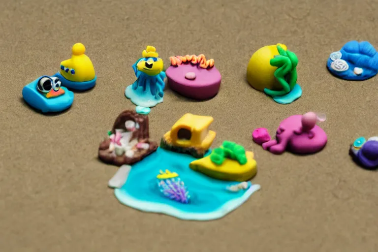 Image similar to miniatures photography of bikini bottom ( spongebob location ), everything has a plasticine sheen