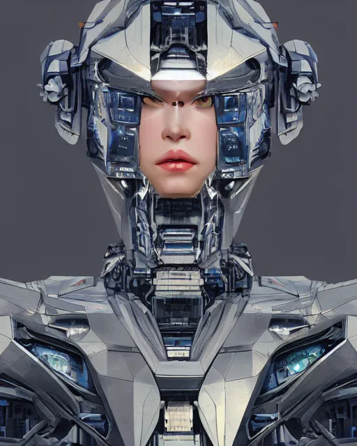 Image similar to the face of a cybernetic! fashion model! mecha, scifi, ghost in the shell, intricate sci fi panels made of metal, elegant, highly detailed panel cuts, greeble detail, caustics and refraction, digital painting, artstation, concept art, high tech fantasy, sharp focus, illustration, art by marco plouffe arstation