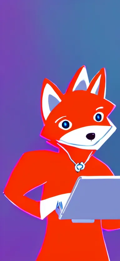 Prompt: a concept art of anthropomorphic fox in a blue hoodie hacking a portable computer, artstation, digital art, oc commission, style by studio trigger