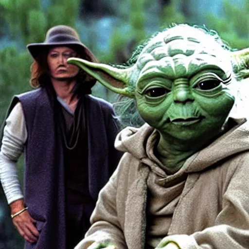 Prompt: Yoda hanging out with Johnny Depp