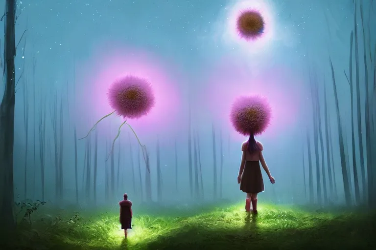 Image similar to looming giant daisy flower over head, girl walking in forest, surreal photography, dark night, stars, moon light, impressionist painting, clouds, digital painting, artstation, simon stalenhag