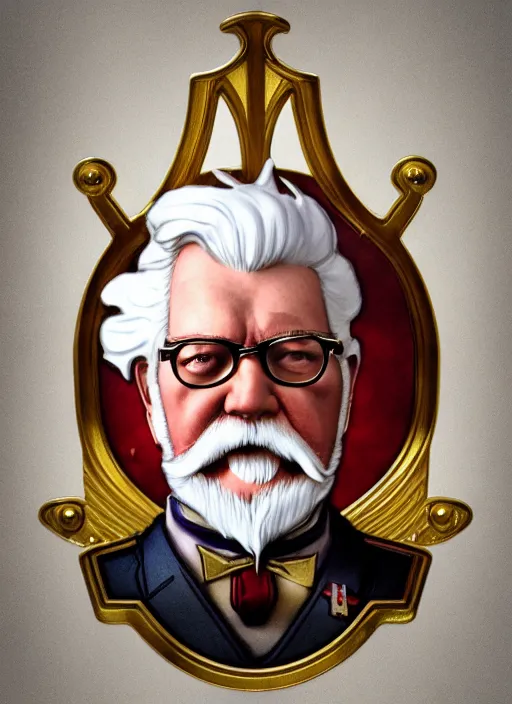 Image similar to close up portrait of colonel sanders, decorated civil war veteran, many medals by artgerm, cushart krenz, greg rutkowski, mucha. art nouveau. gloomhaven, golden arches logo, pale colors, sharp edges. ultra clear detailed. 8 k. elegant, intricate, octane render