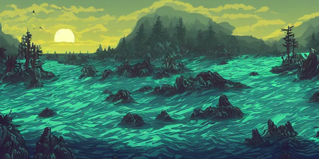 Prompt: epic ship view of a long shoreline on the edge of a dark forest and hills with evil eyes glowing between trees, drowned medieval woman shipwrecked on the shore, far in the distance is a vertical beam of light, dramatic dark glowing golden neon sunset, isometric game pixelart