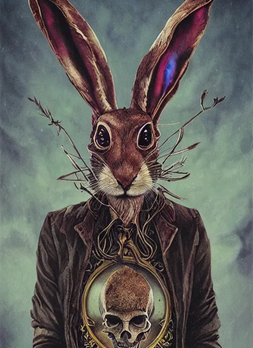 Image similar to the march hare, death tarot card, highly detailed, half skull face, cinematic, 8 k, by megan duncanson, benjamin lacombe, adrian borda, stanley artgermm, tom bagshaw, craig mullins, carne griffiths, ayami kojima, beksinski, giger, trending on deviantart, hyper detailed, horror, full of colour