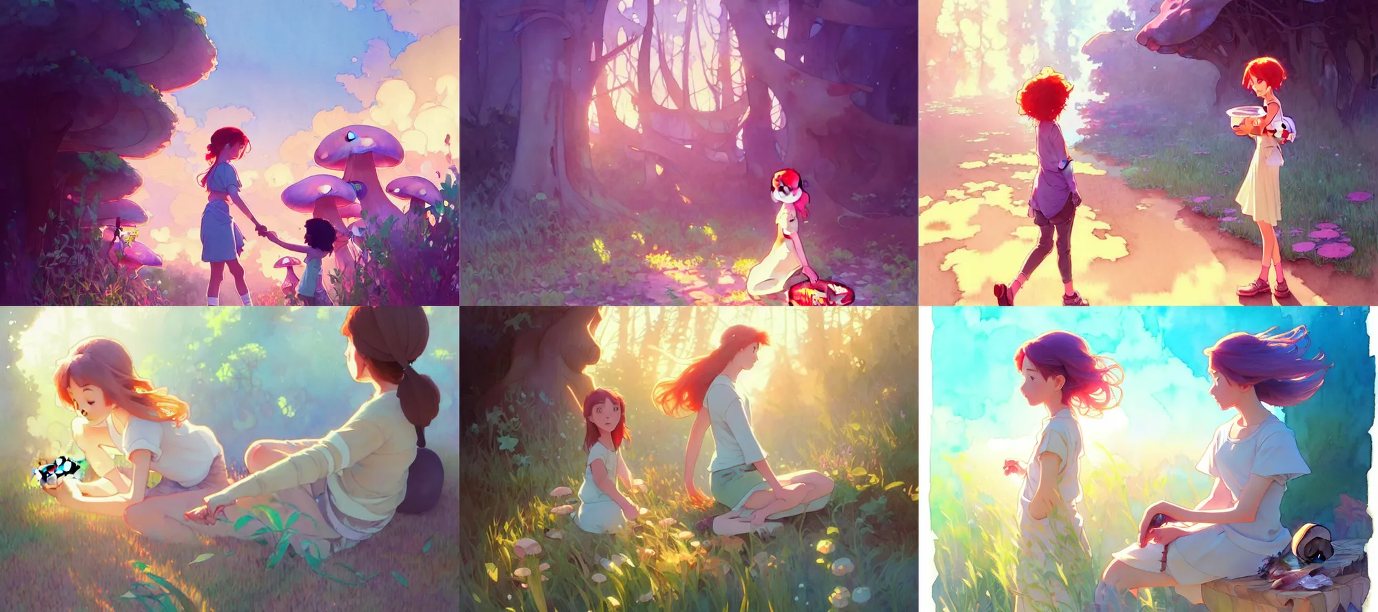 Prompt: a wholesome animation key, a girl picking mushrooms, studio ghibli, pixar and disney animation, sharp, disney concept art watercolor illustration by mandy jurgens and alphonse mucha and alena aenami, pastel color palette, dramatic lighting