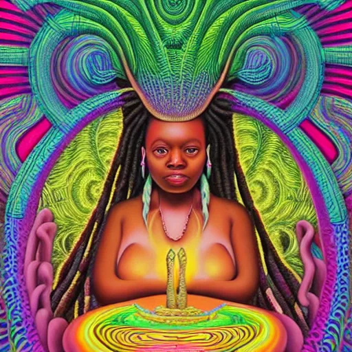 Prompt: a regal bbw african queen with colorful dreadlocks sitting in a cabana near a pink river with a large glowing baobab tree in the center, by amanda sage and alex grey and evgeni gordiets in a surreal psychedelic style, symmetrical, detailed eyes, oil on canvas 8k, hd