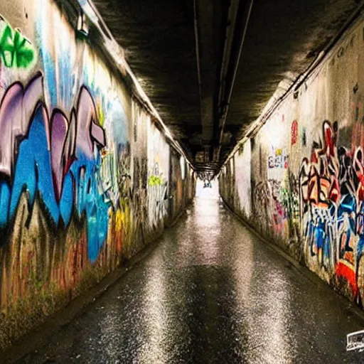 Prompt: dimly lit urban tunnel filled with beautiful graffiti,rainy,striking