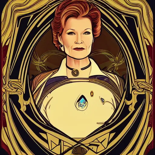 Image similar to star trek Captain Kathryn Janeway art nouveau, amazing details, intricate details ,insane details , in the style of Alphonse Mucha,