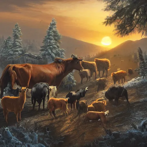 Prompt: an extremely detailed matte painting of a rancher feeding the animals at sunrise, tall rancher wearing a cowboy hat, dogs, cows, sheep, chickens, ducks, 4 k, ranch the morning after a light snowfall, brandon sanderson and r. a. salvatore