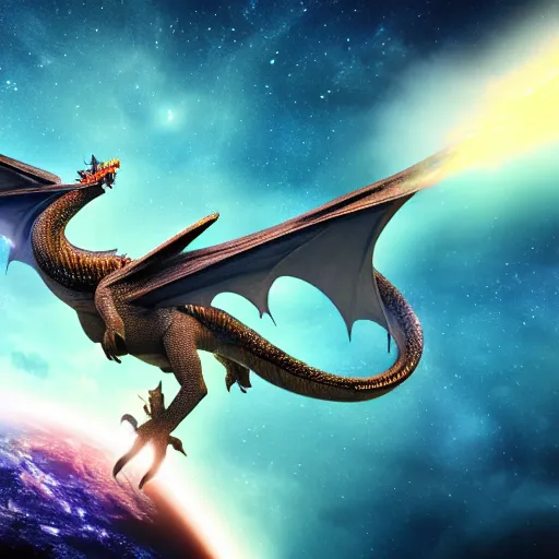 Image similar to dragon flying in space, glowing galaxy in the background, cinematic, detailed, clean, realistic