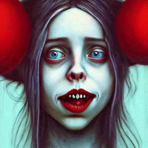 Prompt: grunge painting of Billie eilish with a wide smile and a red balloon by Zdzisław Beksiński, loony toons style, pennywise style, corpse bride style, creepy lighting, horror theme, detailed, elegant, intricate, conceptual, volumetric light