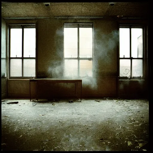 Prompt: Beautiful cameraphone 2000s, soft liminal Photograph of foggy abandoned school classroom with water on the floor