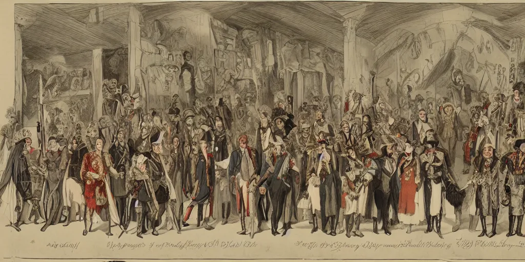 Prompt: A legion of horribles, hundreds in number, clad in costumes attic or biblical or wardrobed out of a fevered dream with silk finery and pieces of uniform, coats of dragoons, frogged and braided cavalry jackets, one in a stovepipe hat and one with an umbrella and one in white stockings and a wedding veil and some in headgear or cranefeathers or rawhide helmets that bore the horns of bull or buffalo and one in a pigeontailed coat worn backwards and one in the armor of a Spanish conquistador, the breastplate and pauldrons deeply dented with old blows of mace or sabre done in another country by men whose very bones were dust and many with their braids spliced up with the hair of other beasts until they trailed upon the ground and their horses' ears and tails worked with bits of brightly colored cloth and one whose horse's whole head was painted crimson and all the horsemen's faces gaudy and grotesque with daubings like a company of mounted clowns, hilarious, all howling in a barbarous tongue and riding down upon them like a horde from a hell more horrible yet than the brimstone land of Christian reckoning, screeching and yammering and clothed in smoke like those vaporous beings in regions beyond right knowing where the eye wanders, ultra details